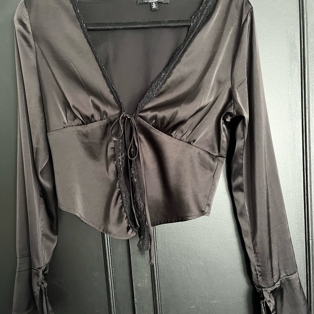 Black Satin Tie-Front Blouse